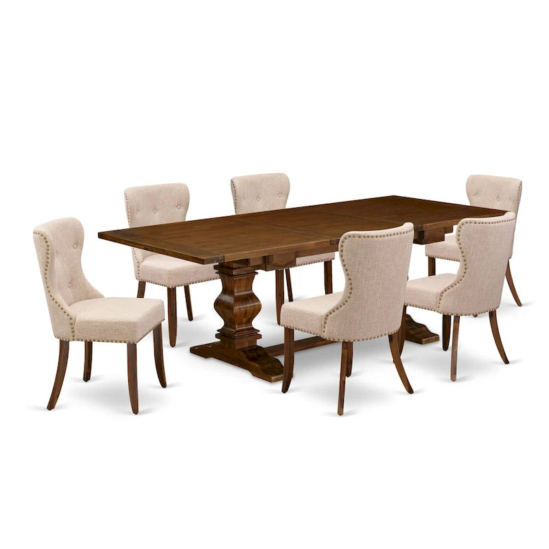 Dining Table Set- a Rectangle Dinner Table and Light Tan Linen Fabric Chairs, (Pieces Option)