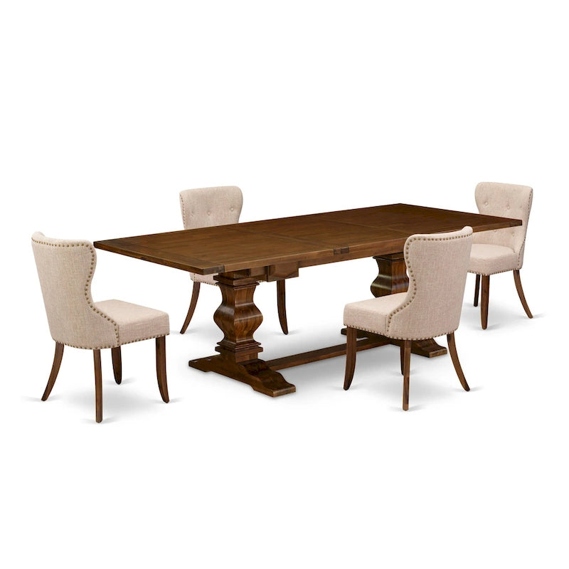 Dining Table Set- a Rectangle Dinner Table and Light Tan Linen Fabric Chairs, (Pieces Option)