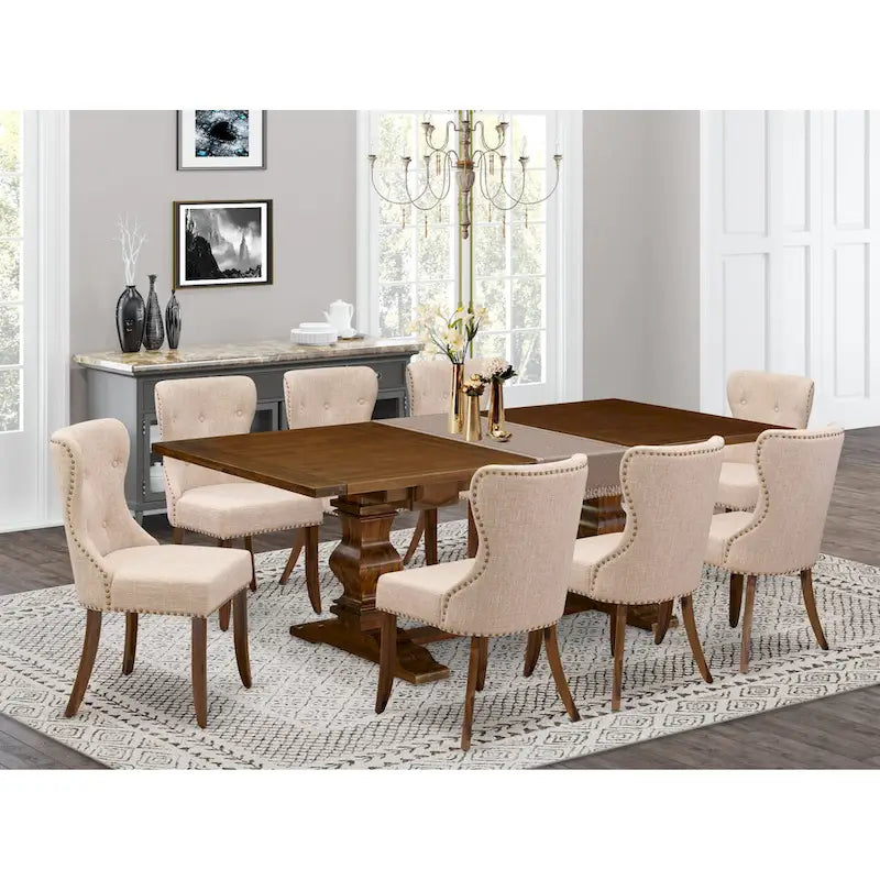 Dining Table Set- a Rectangle Dinner Table and Light Tan Linen Fabric Chairs, (Pieces Option)