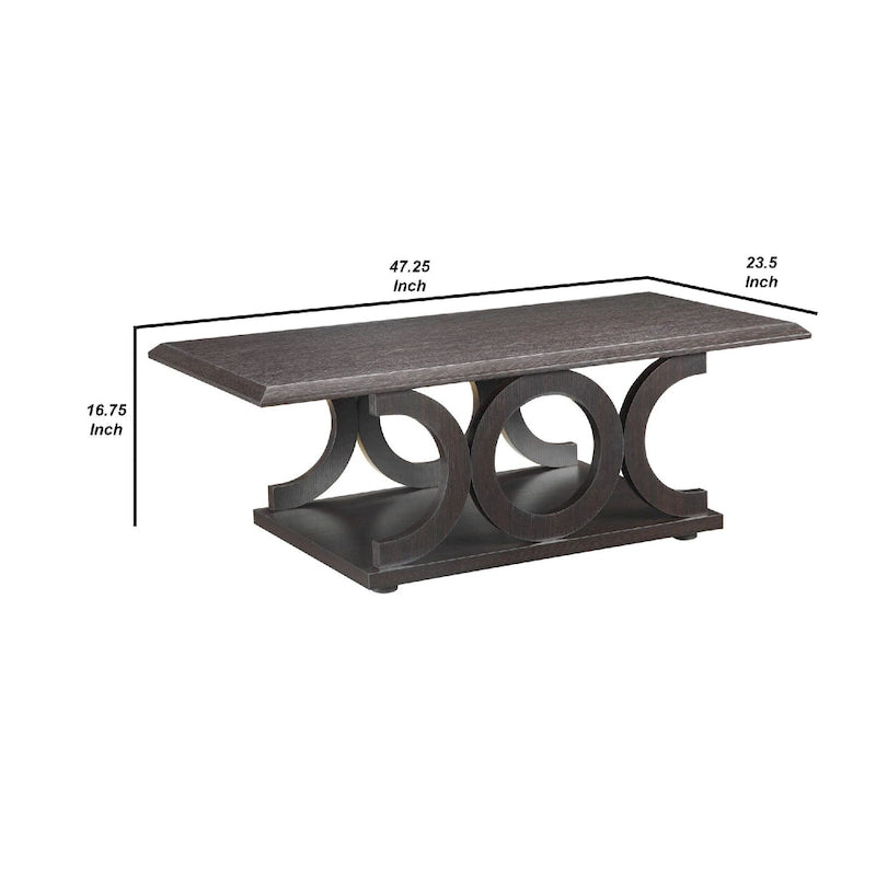 Contemporary Style C-Shaped Coffee Table With Open Shelf, Espresso Brown
