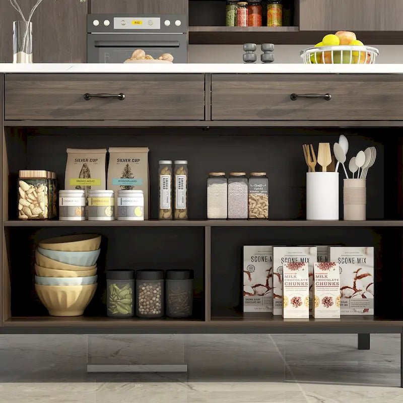 55.1W Buffet Kitchen Island Cabinet with Open Shelves Two Drawers