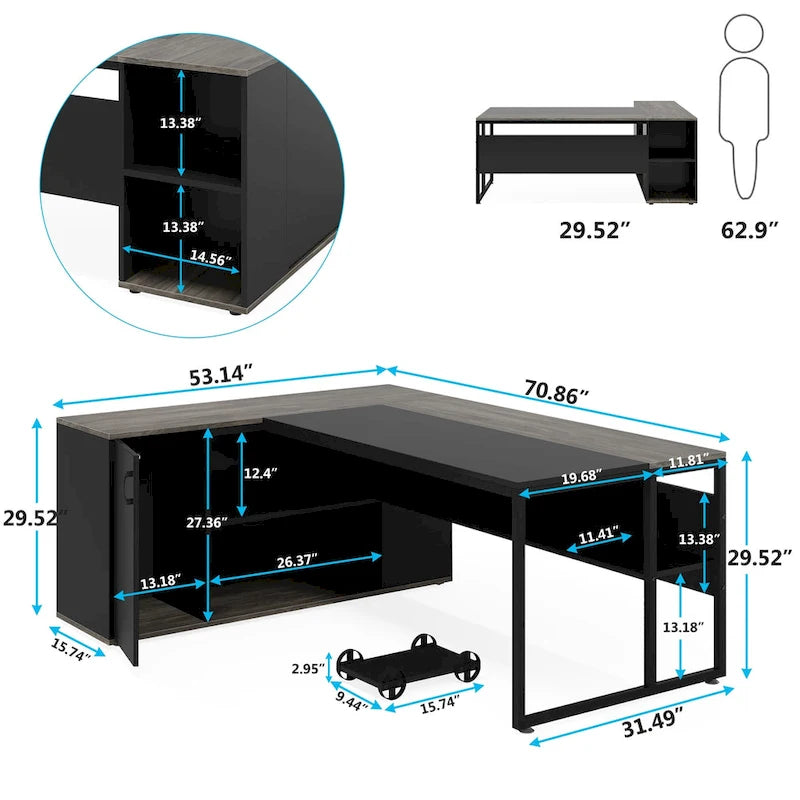 71 inch L Shaped Executive Desk with Cabinet