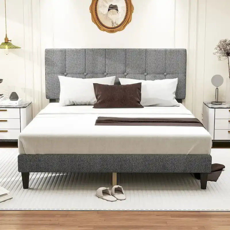 Full Bed Frame with Adjustable Headboard, No Box Spring Needed, Linen Upholstered Platform Bed Frame with Wood Slats Support