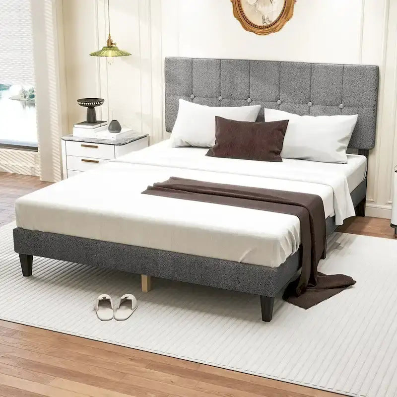 Full Bed Frame with Adjustable Headboard, No Box Spring Needed, Linen Upholstered Platform Bed Frame with Wood Slats Support