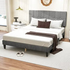 Full Bed Frame with Adjustable Headboard, No Box Spring Needed, Linen Upholstered Platform Bed Frame with Wood Slats Support