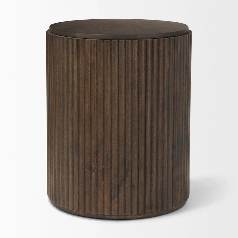 Terra Dark Brown Solid Wood Fluted Round Side Table