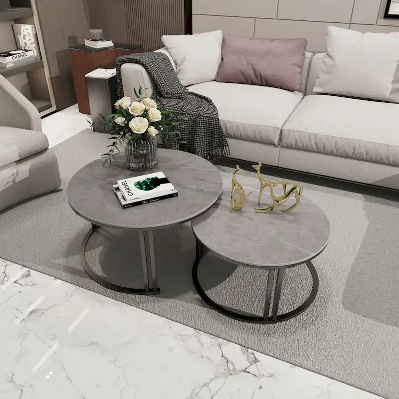 2X Round Nested Coffee Table SinteredStone Top Metal Tables - 27x16