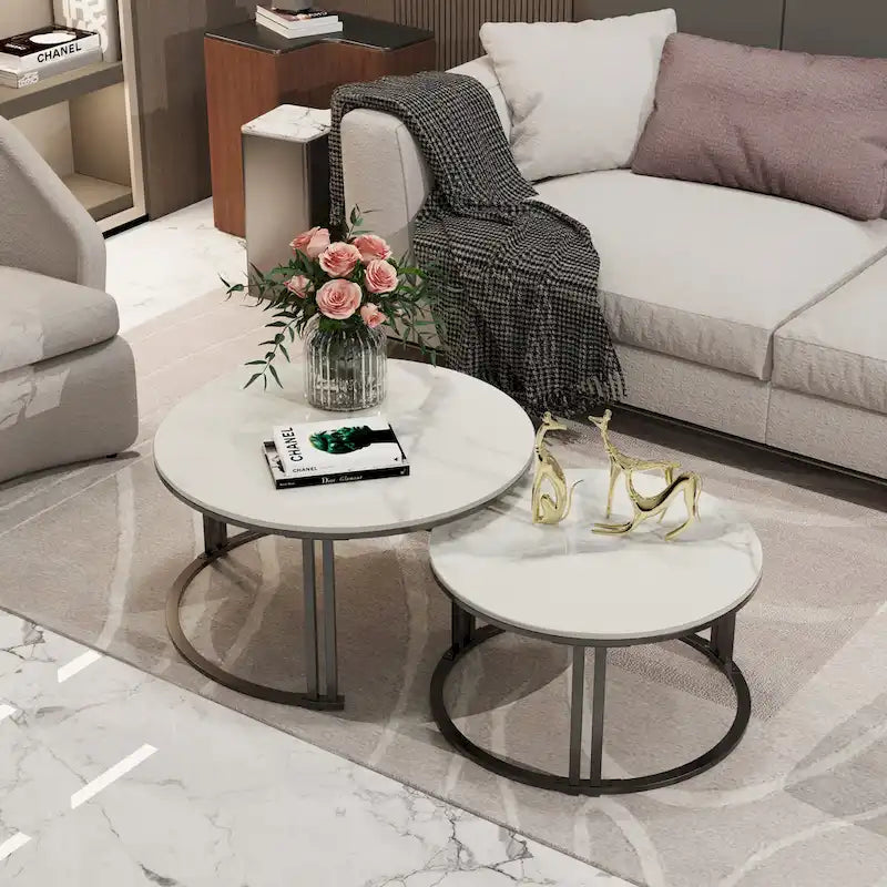2X Round Nested Coffee Table SinteredStone Top Metal Tables - 27x16