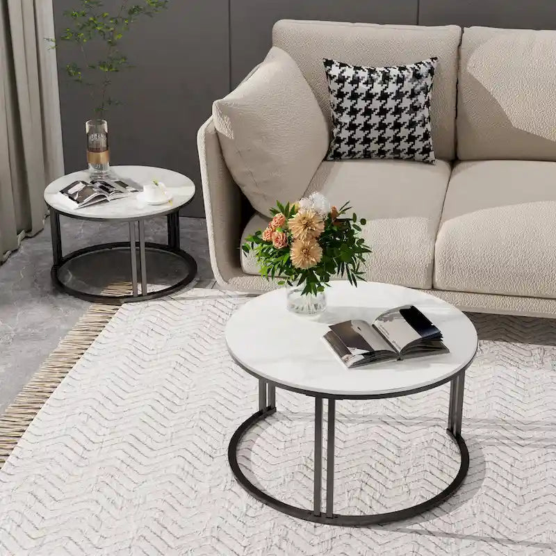 2X Round Nested Coffee Table SinteredStone Top Metal Tables - 27x16