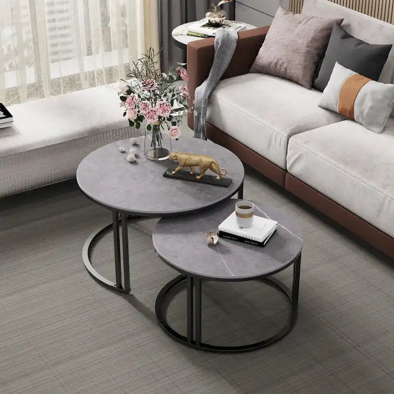 2X Round Nested Coffee Table SinteredStone Top Metal Tables - 27x16