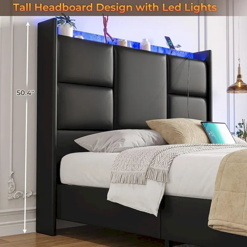 Bed Frame with Tall Stroage Headboard Platform Bed Frame