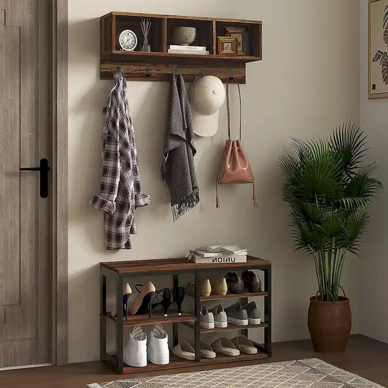 2-in-1 Coat Rack Shoe Bench Set, 5-Hook Hall Tree with Bench and Shoe Storage