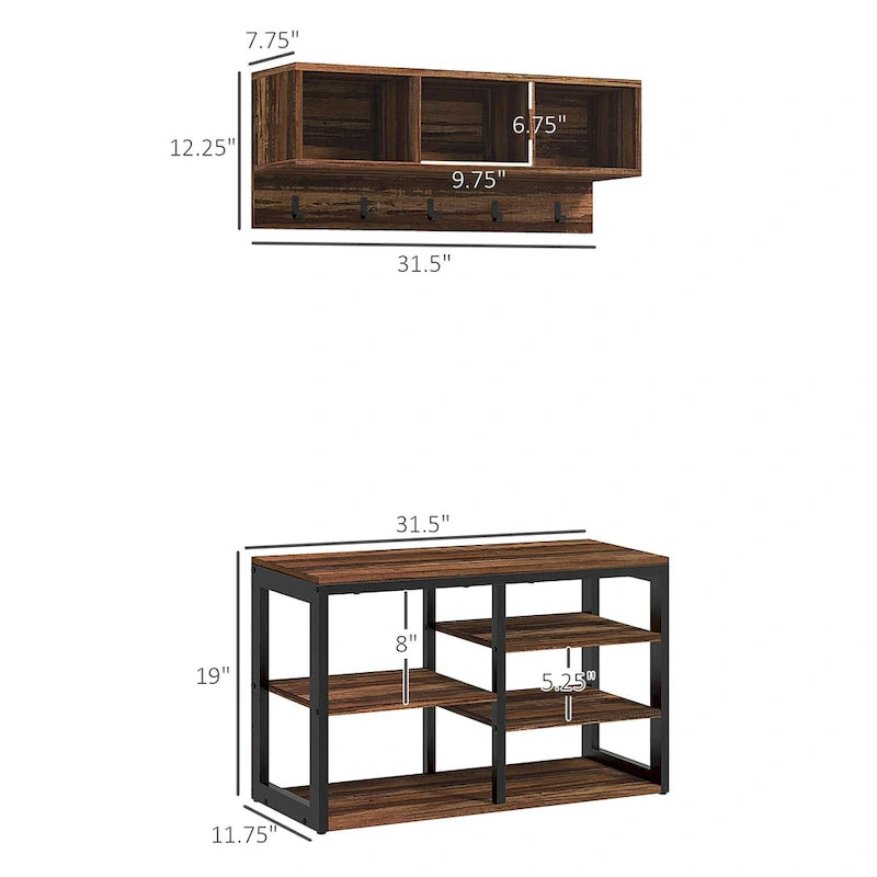 2-in-1 Coat Rack Shoe Bench Set, 5-Hook Hall Tree with Bench and Shoe Storage