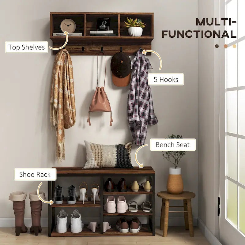 2-in-1 Coat Rack Shoe Bench Set, 5-Hook Hall Tree with Bench and Shoe Storage
