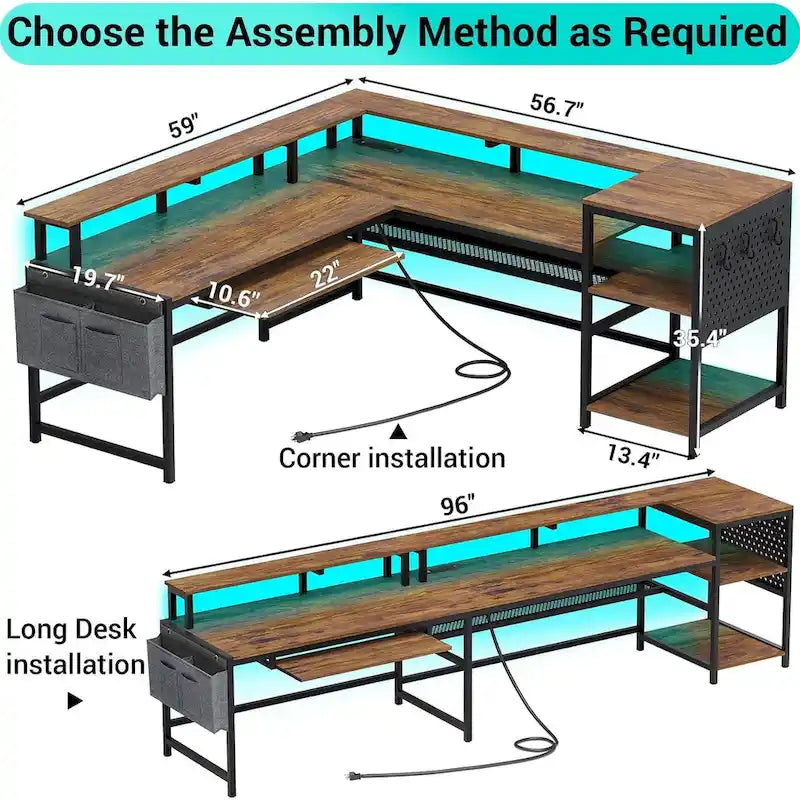 L Shaped Computer Desk Gaming Desk Keyboard Tray Power Outlets & LED