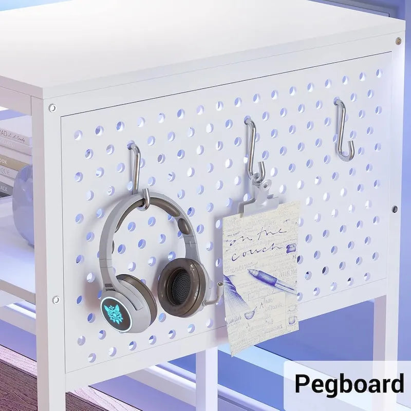 L Shaped Computer Desk Gaming Desk Keyboard Tray Power Outlets & LED