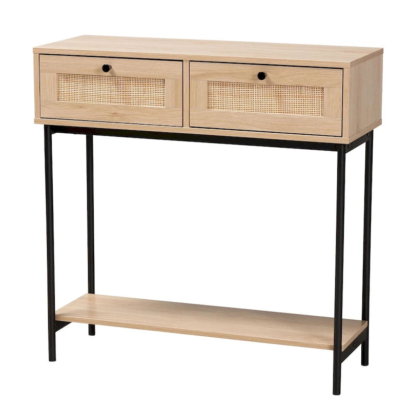 Sherwin Mid-Century Modern Light Brown and Black 2-Drawer Console Table with Woven Accent