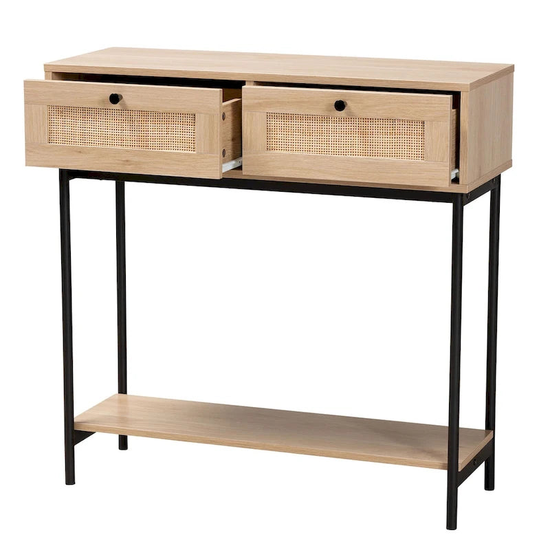 Sherwin Mid-Century Modern Light Brown and Black 2-Drawer Console Table with Woven Accent