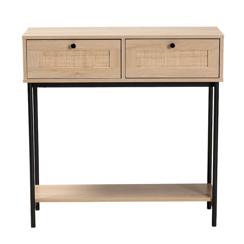 Sherwin Mid-Century Modern Light Brown and Black 2-Drawer Console Table with Woven Accent
