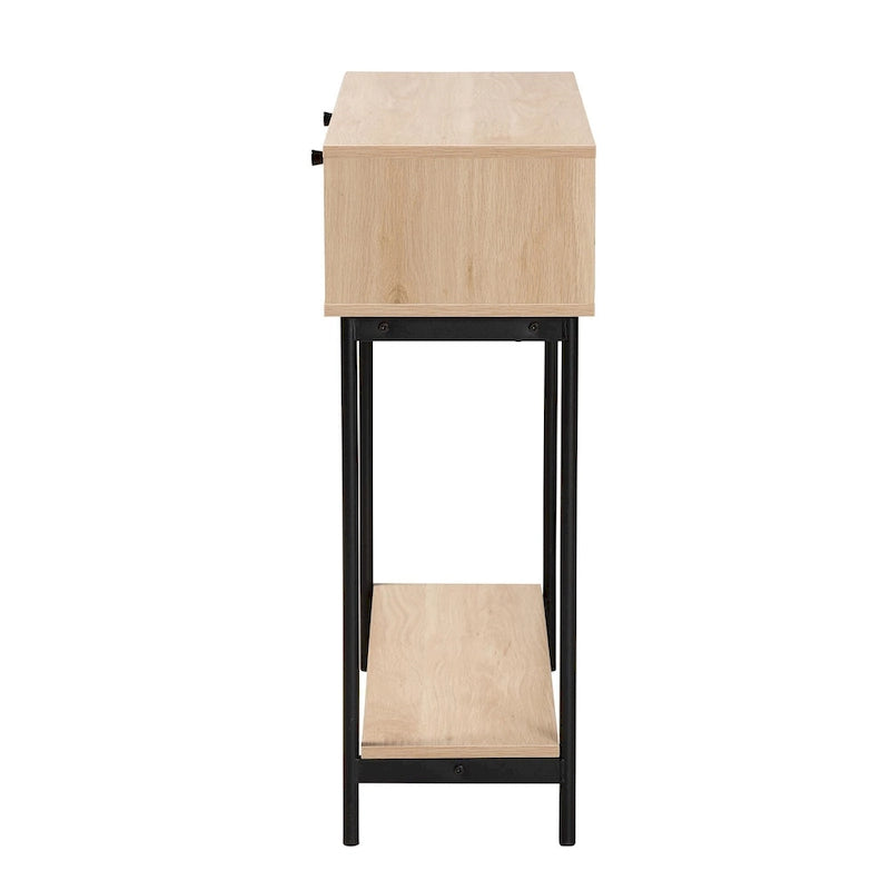 Sherwin Mid-Century Modern Light Brown and Black 2-Drawer Console Table with Woven Accent