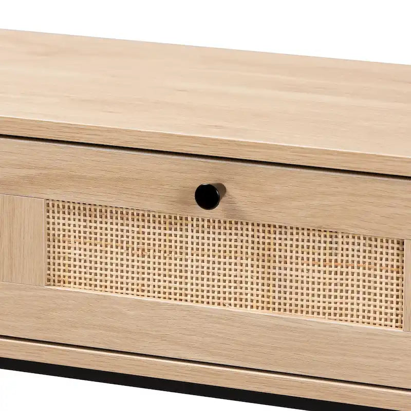 Sherwin Mid-Century Modern Light Brown and Black 2-Drawer Console Table with Woven Accent