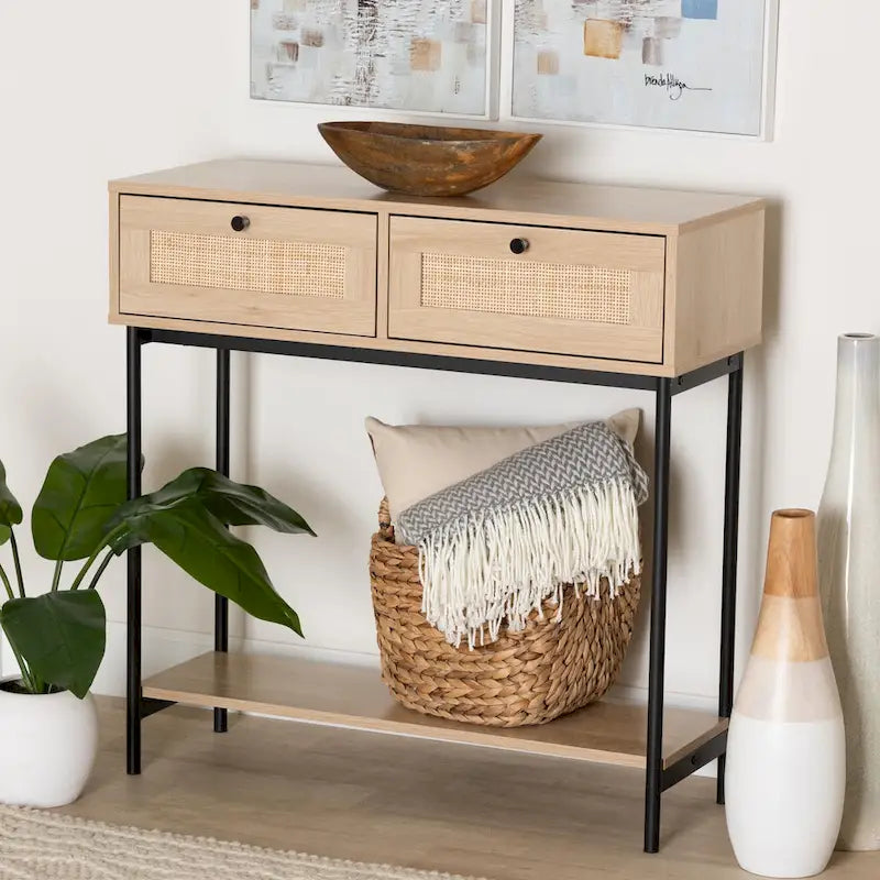 Sherwin Mid-Century Modern Light Brown and Black 2-Drawer Console Table with Woven Accent