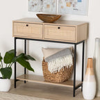 Sherwin Mid-Century Modern Light Brown and Black 2-Drawer Console Table with Woven Accent