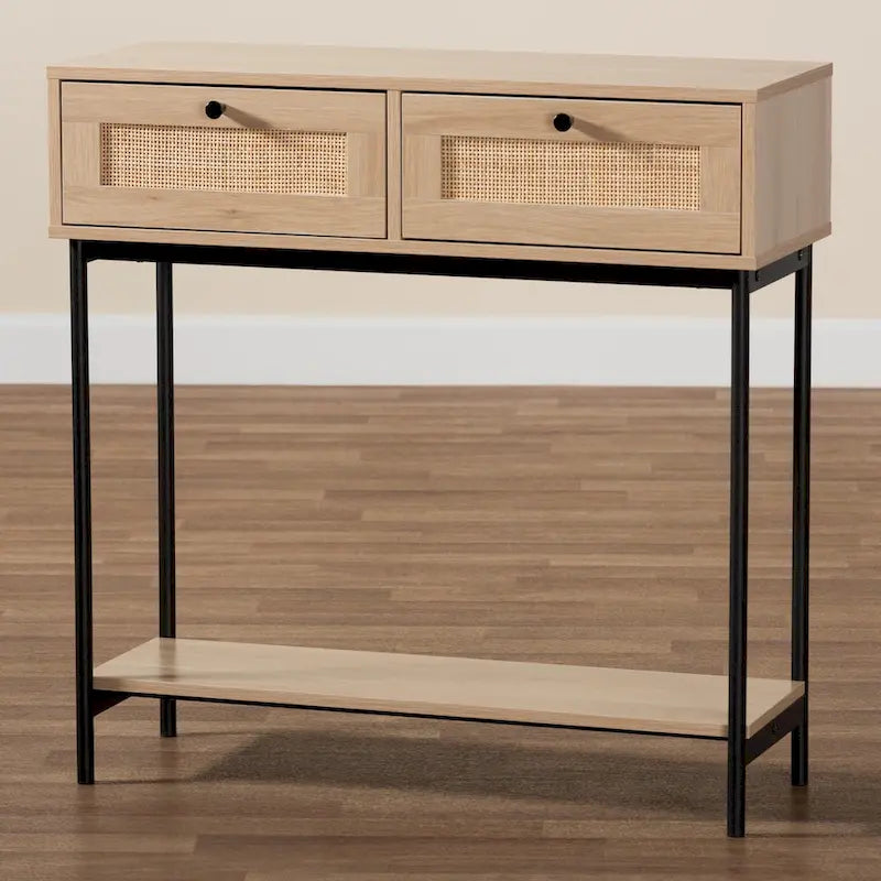 Sherwin Mid-Century Modern Light Brown and Black 2-Drawer Console Table with Woven Accent