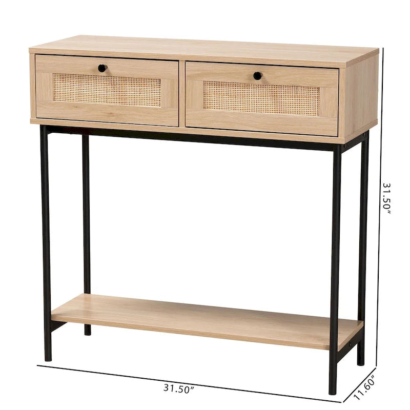 Sherwin Mid-Century Modern Light Brown and Black 2-Drawer Console Table with Woven Accent