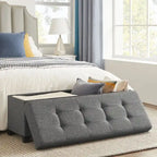 Fabric Upholstered 43 Wide Small Storage Ottoman with Wooden Legs and Tufted Lid