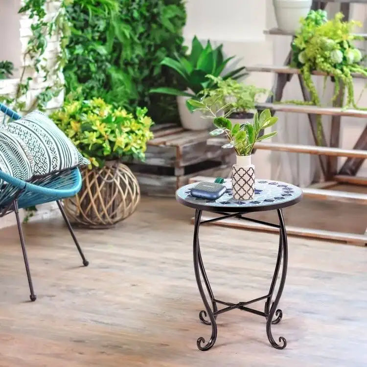 Indoor/Outdoor Blue Mosaic Round Side Accent Table Plant Stand - 14W x 14D x 21H
