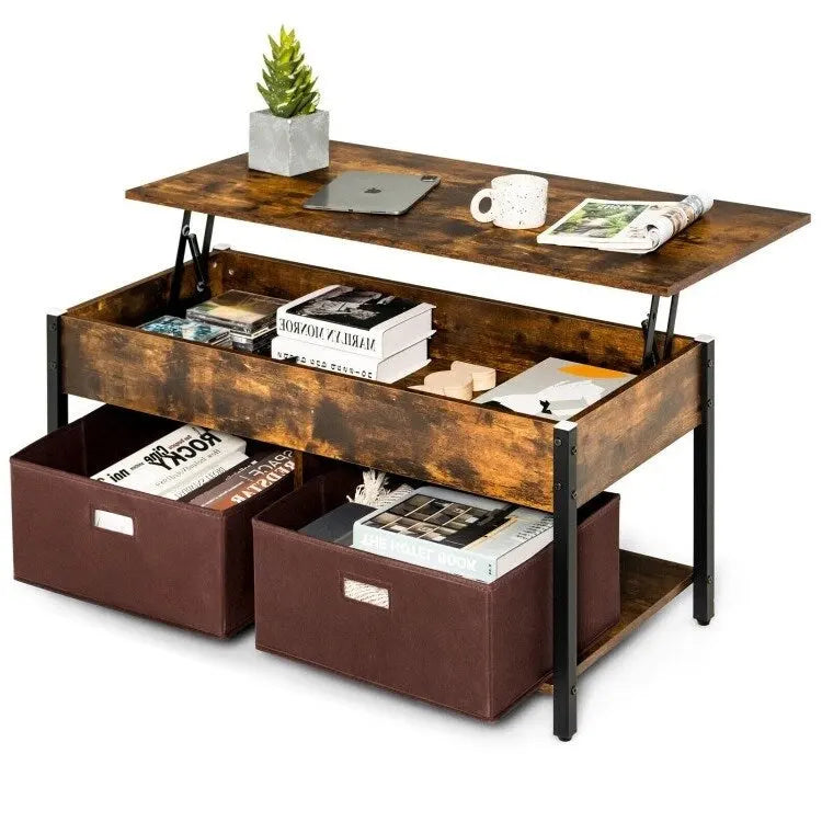 FarmHouse Lift-Top Multi Purpose Coffee Table with 2 Storage Drawers Bins