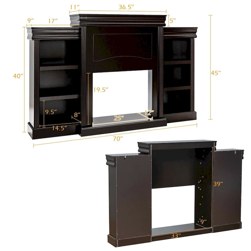 70-Inch Brown Media Entertainment Center with Bookcase and Fireplace Cabinet - 70 x 11x 45(L x W x H)