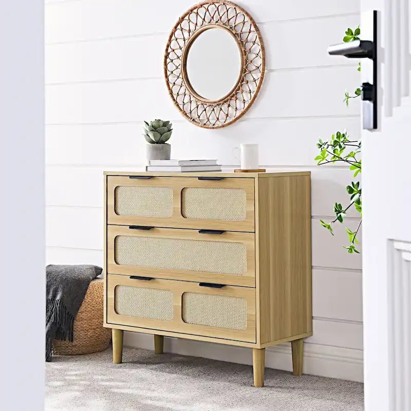 Farmhouse Wooden Storage Chest,Modern Dresser Cabinet with 3 Wide Drawers and Metal Handles