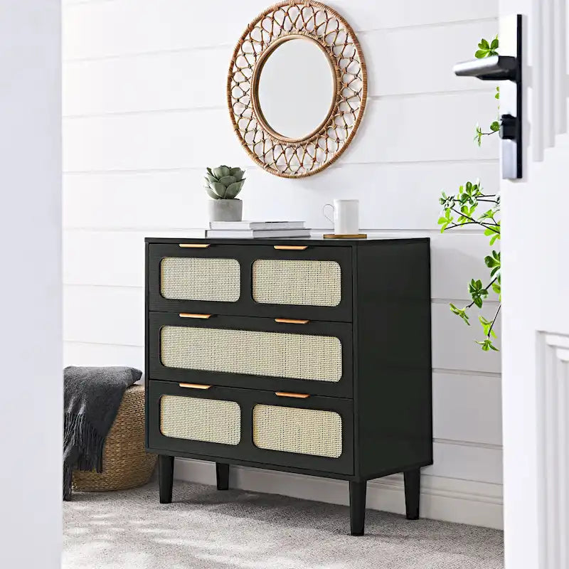 Farmhouse Wooden Storage Chest,Modern Dresser Cabinet with 3 Wide Drawers and Metal Handles