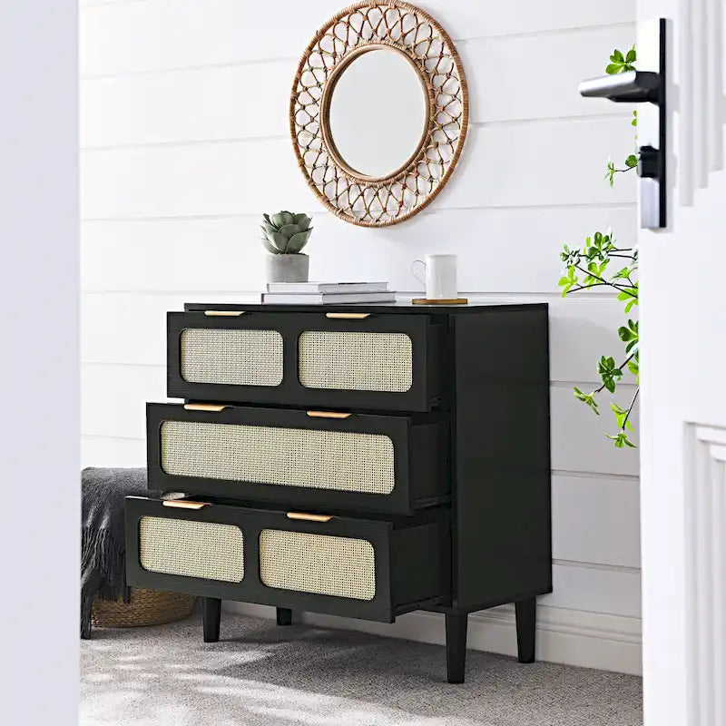 Farmhouse Wooden Storage Chest,Modern Dresser Cabinet with 3 Wide Drawers and Metal Handles