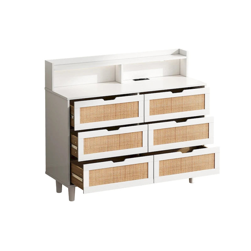 6-Drawers Rattan Storage Dresser Cabinet with LED Lights and Power Outlet