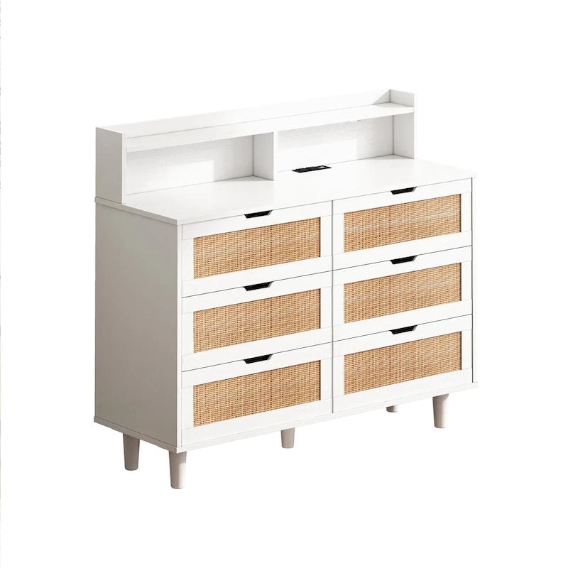 6-Drawers Rattan Storage Dresser Cabinet with LED Lights and Power Outlet