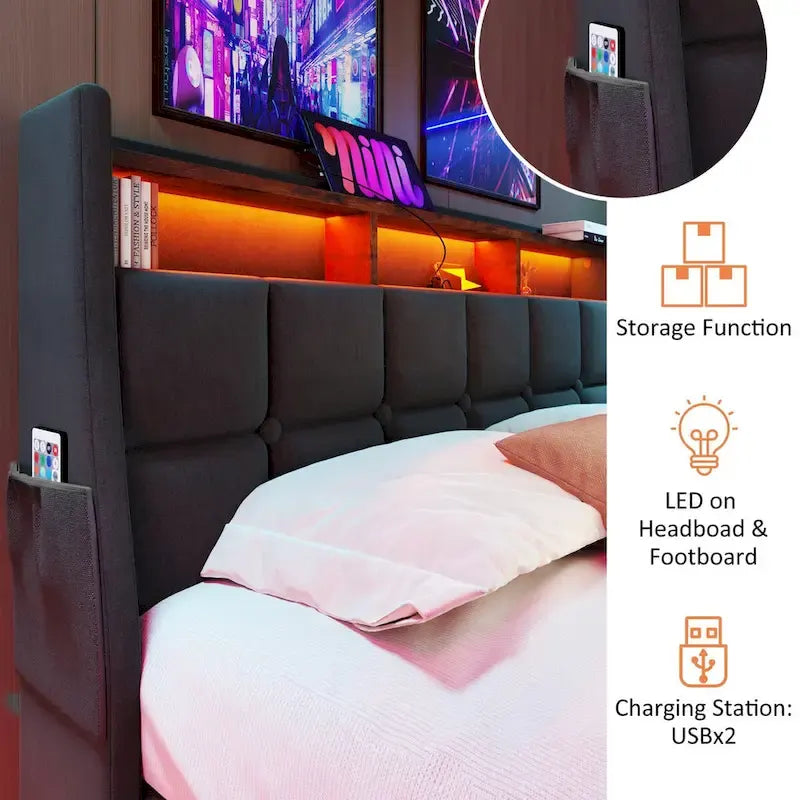 Queen/Full Size Upholstered Platform bed with a Hydraulic Storage System, LED and USB Charging