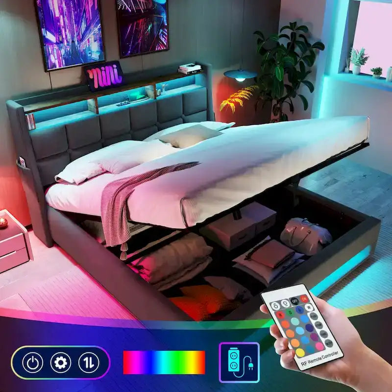 Queen/Full Size Upholstered Platform bed with a Hydraulic Storage System, LED and USB Charging