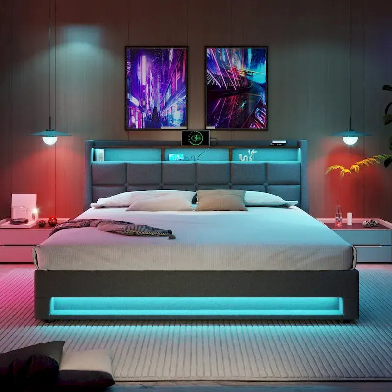 Queen/Full Size Upholstered Platform bed with a Hydraulic Storage System, LED and USB Charging
