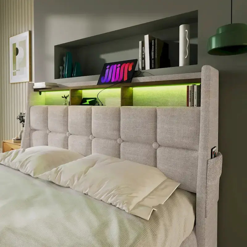 Queen/Full Size Upholstered Platform bed with a Hydraulic Storage System, LED and USB Charging