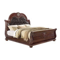 Mano King Bed, Faux Leather Upholstery, Classic Floral Carved, Brown Wood