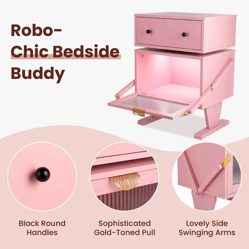 Nightstand with Rotating Drawer and LED Light Strip