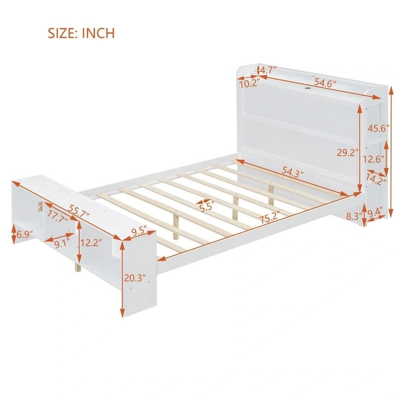 Platform Bed with Built-in Shelves,LED Light and USB Ports,Full/Twin Size