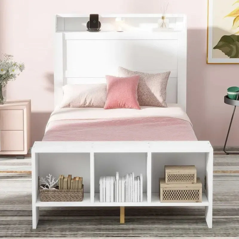 Platform Bed with Built-in Shelves,LED Light and USB Ports,Full/Twin Size