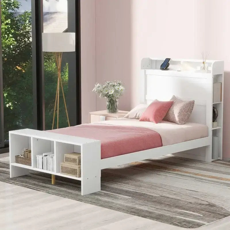 Platform Bed with Built-in Shelves,LED Light and USB Ports,Full/Twin Size