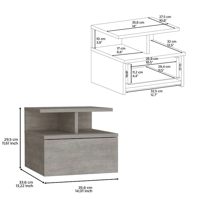 Floating Nightstand 12H,Wall Mounted with Single Drawer and 2-Tier Shelf,for Bedroom,Closet,Entryway,College Dorm