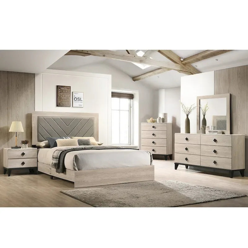 Wooden California King Bed with High Upholstered Headboard