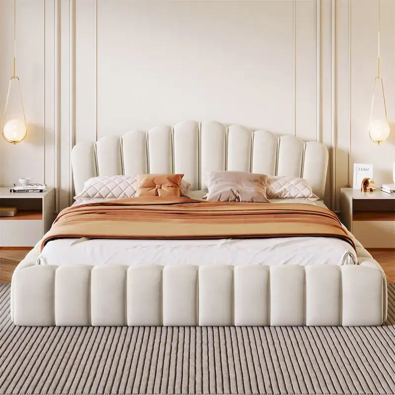 Velvet Upholstered Queen Floor Bed